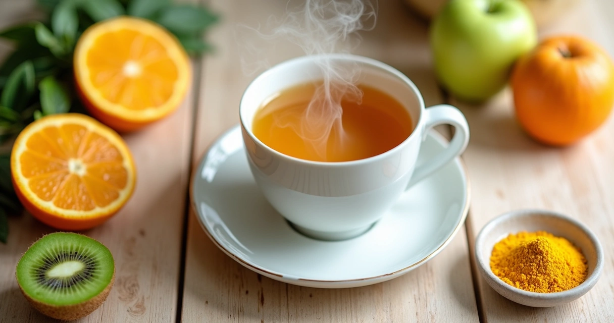 Xícara de chá de moringa com frutas frescas sobre mesa clara 