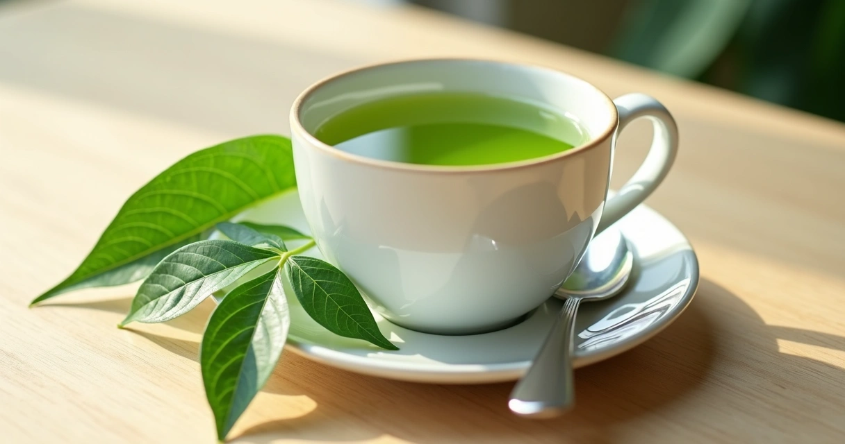 Xícara branca de chá de moringa sobre mesa clara 