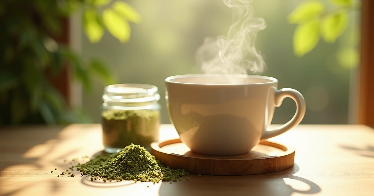 Chá de moringa servido em uma xícara branca sobre um suporte de madeira 