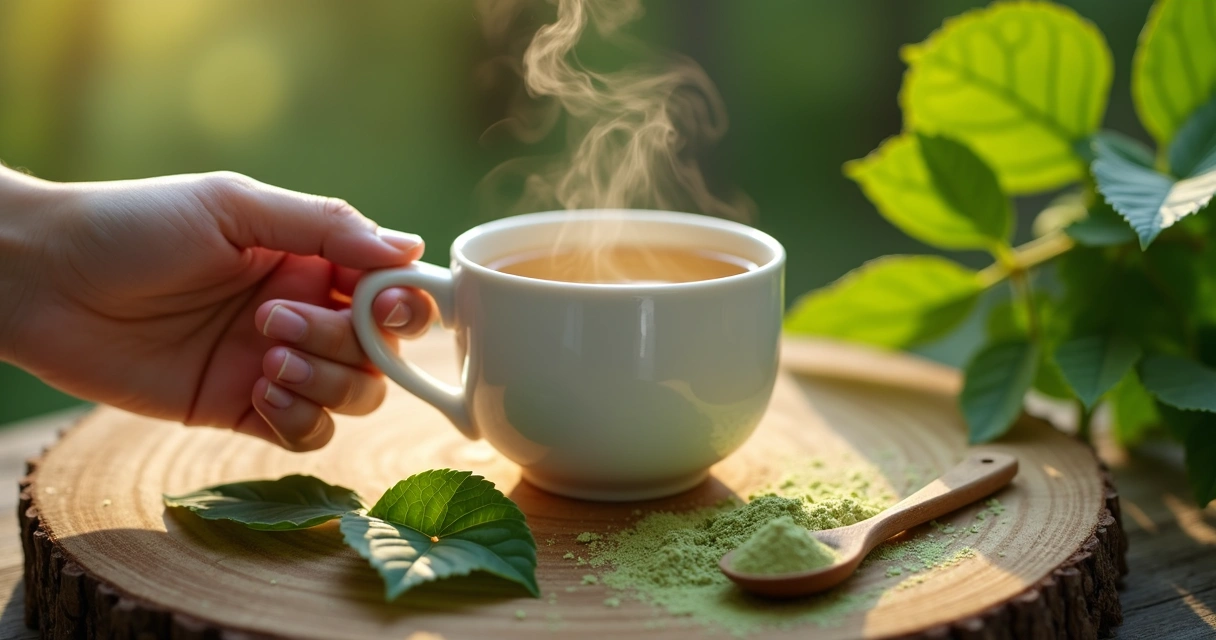 Xícara de chá de moringa sobre uma mesa de madeira