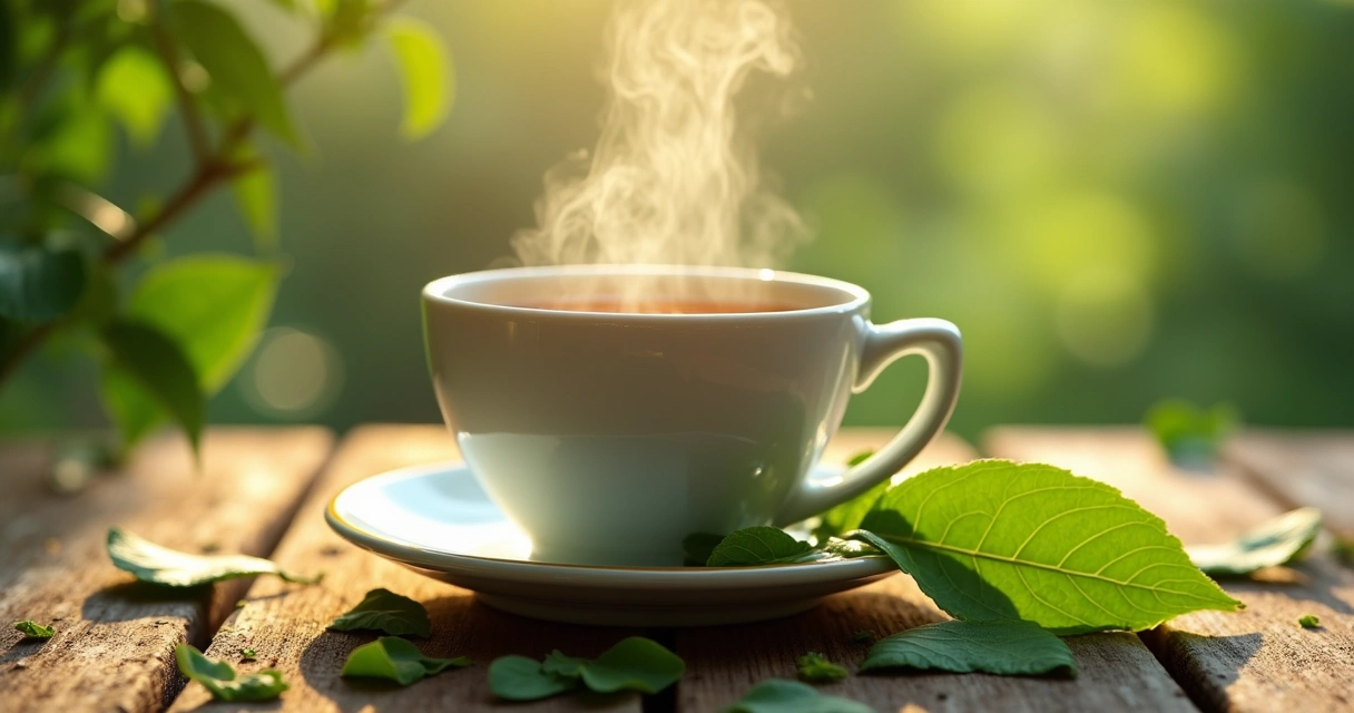 Xícara de chá de moringa ao lado de folhas frescas