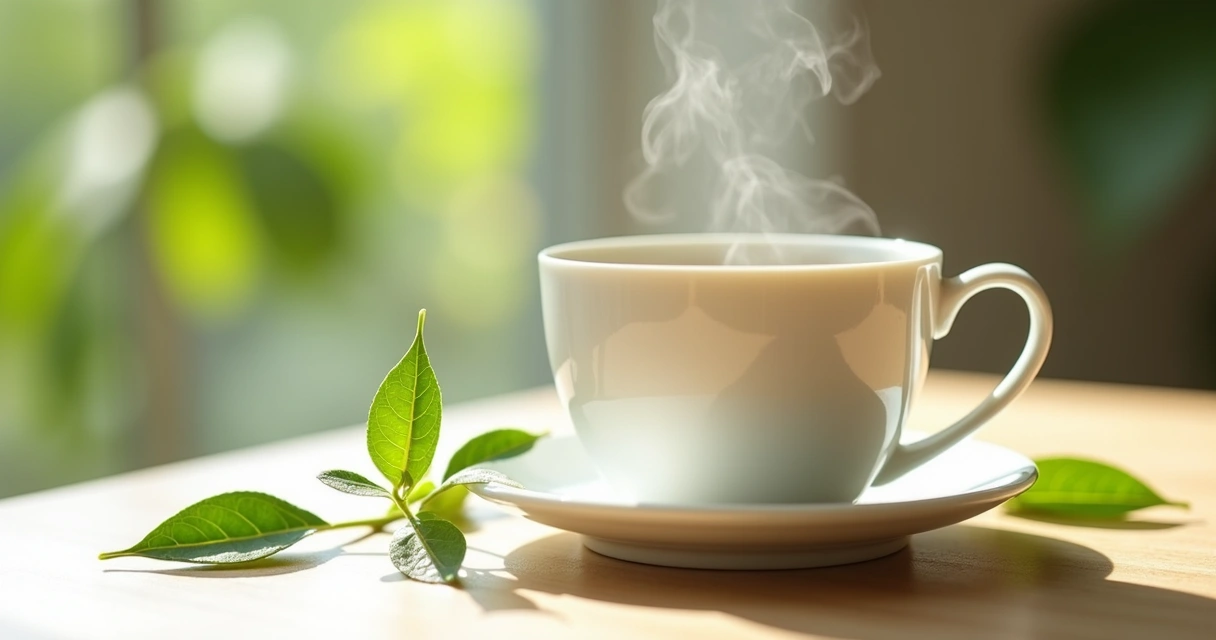 Chá de moringa servido em xícara branca sobre mesa de madeira clara, folhas frescas ao lado 