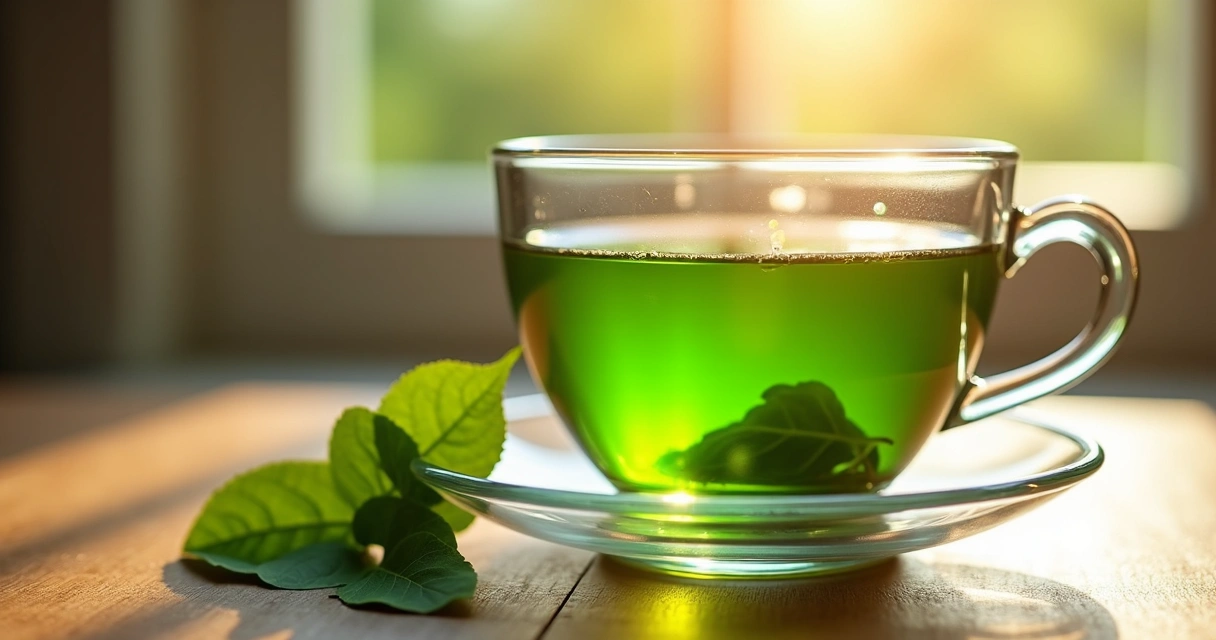 Xícara com chá e folhas de moringa ao lado 