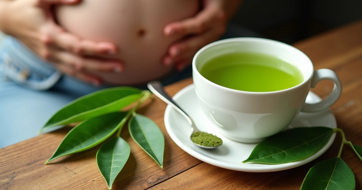 Xícara de chá verde de moringa em mesa de madeira e mãos de gestante segurando barrida