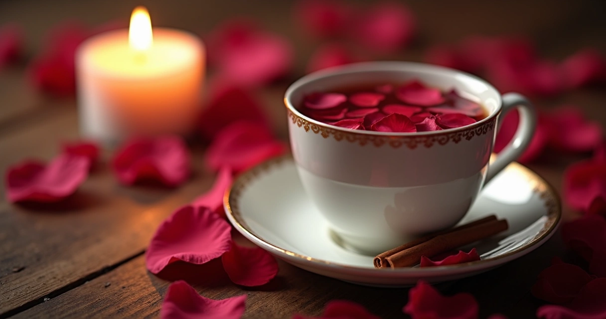 Chá de rosas com canela em xícara de porcelana, pétalas espalhadas e vela acesa 