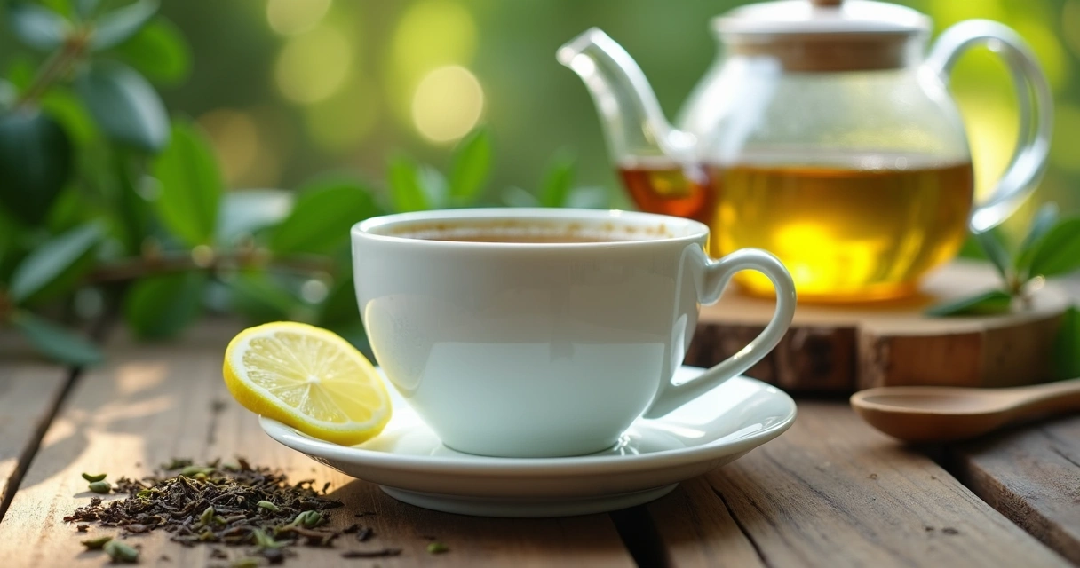 Xícara de chá verde com fatia de limão em mesa de madeira 