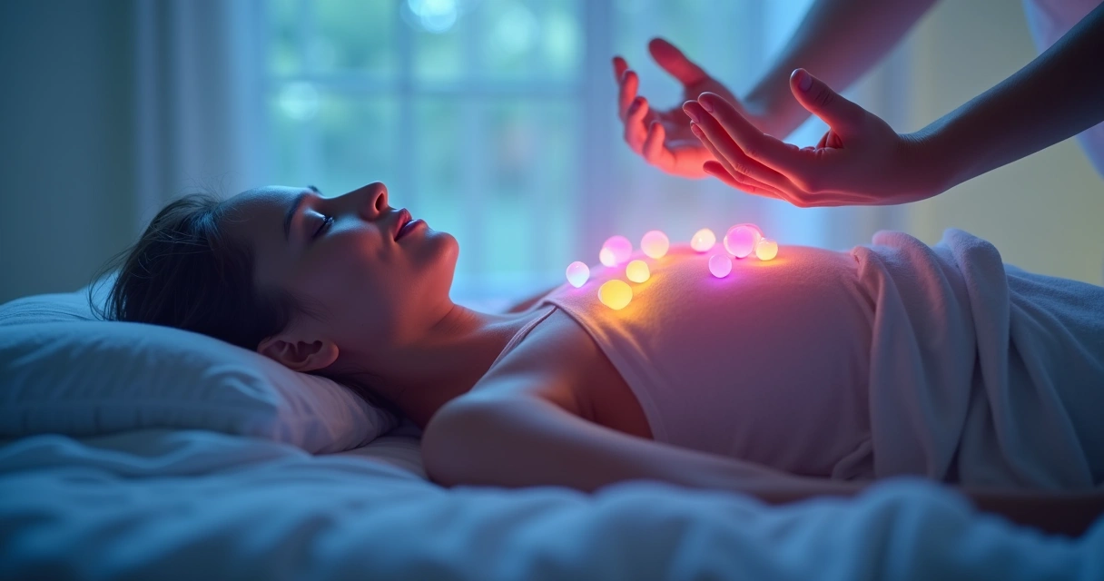 Mãos próximas aos chakras alinhados sobre uma pessoa deitada 