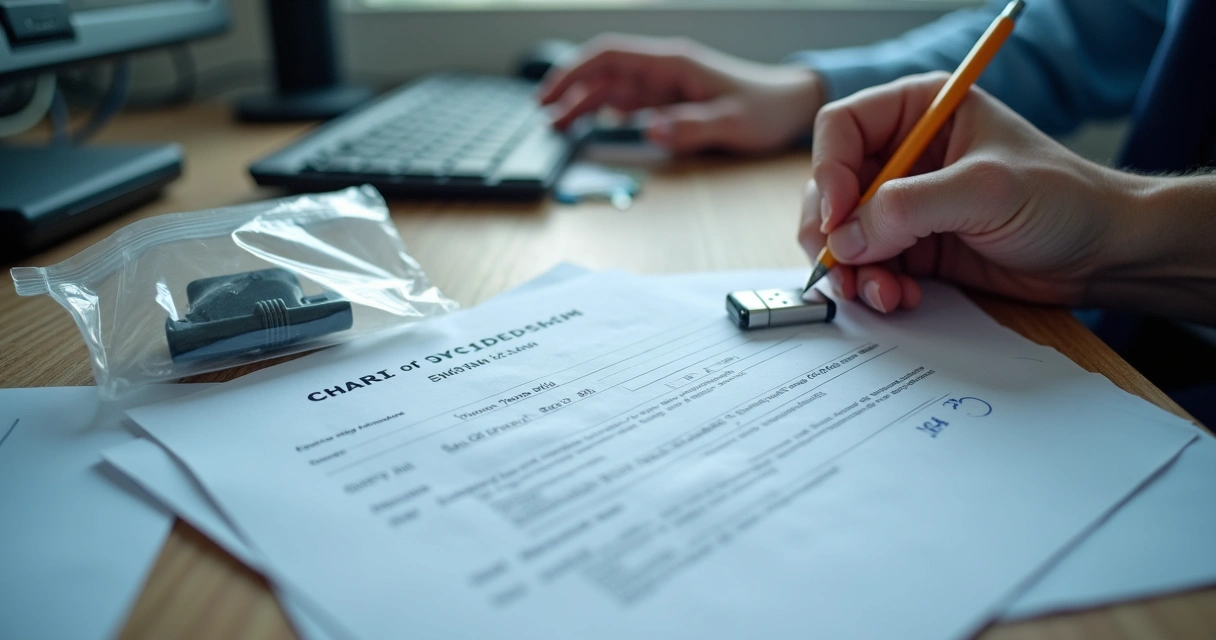 Chain of custody form with storage device and evidence bag 