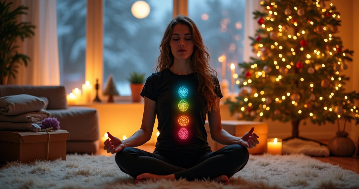 Woman wearing chakra t-shirt in cozy holiday living room with glowing Christmas tree 