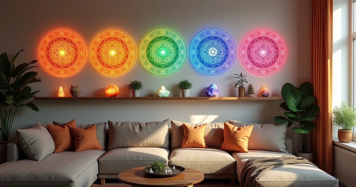 Colorful chakra-themed sacred geometry wall art in a cozy living room 