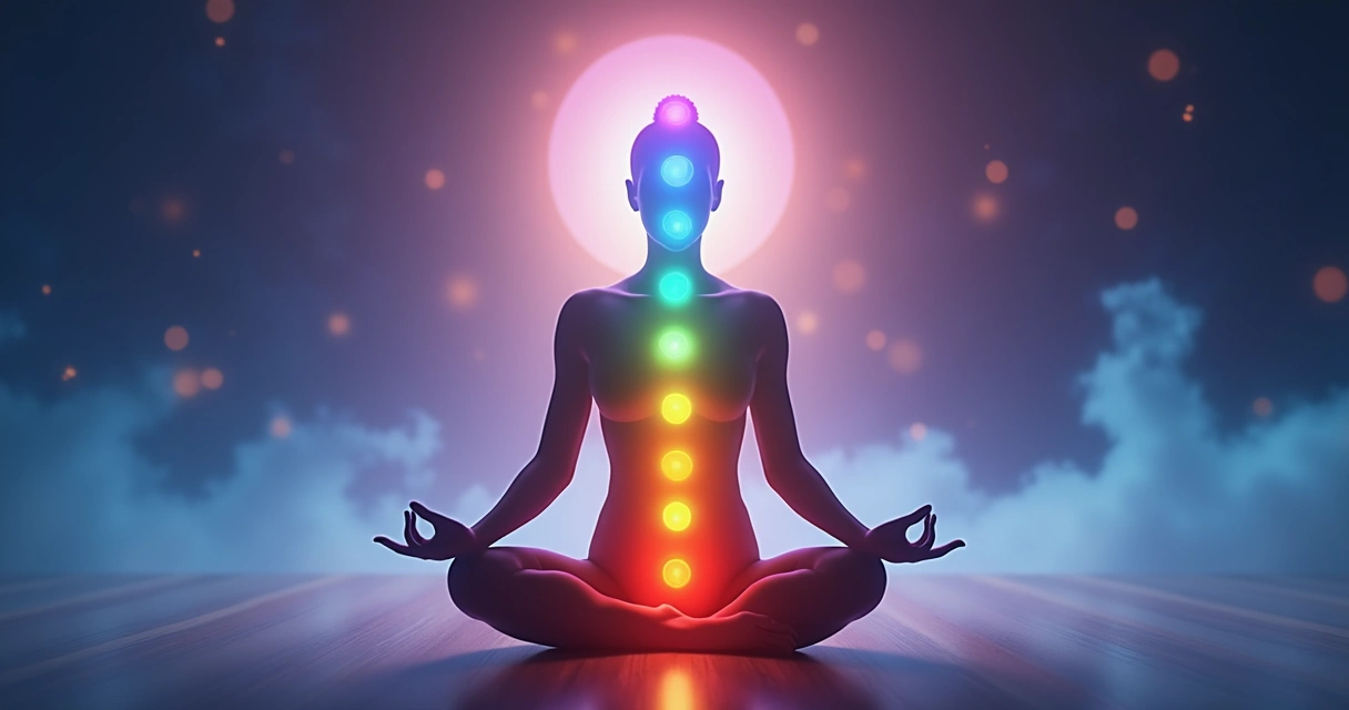 Visualização artística de chakras alinhados ao longo do corpo humano, tons de azul e violeta queimando luz no centro do peito e da testa 