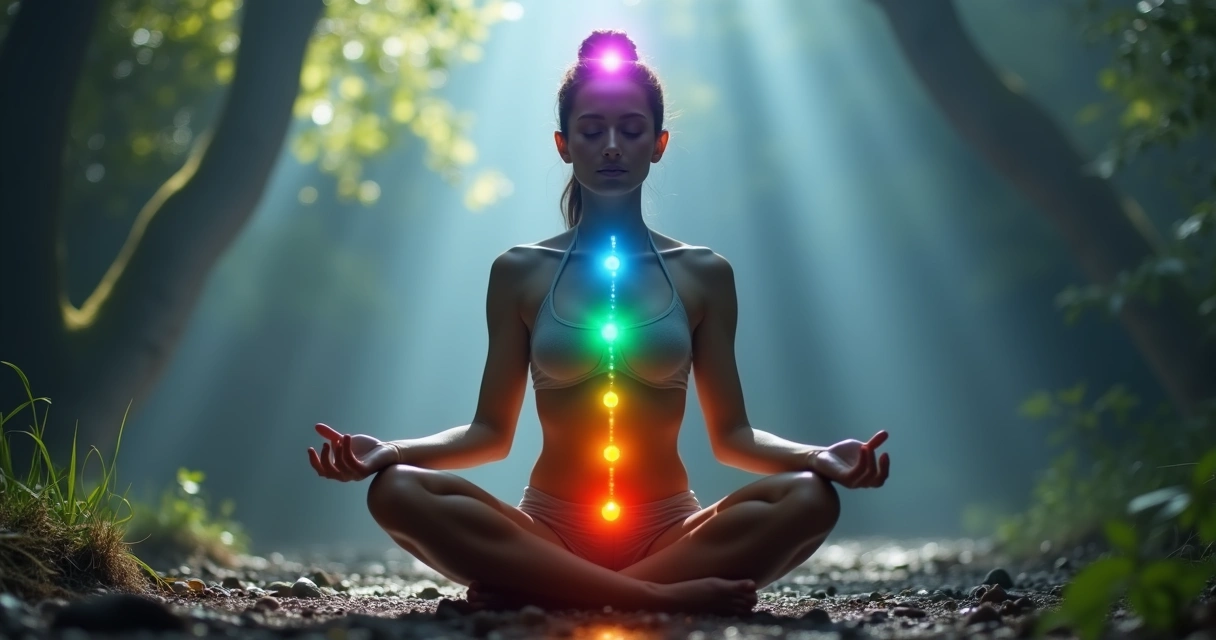 Pessoa sentada meditando com chakras alinhados e cores brilhantes 