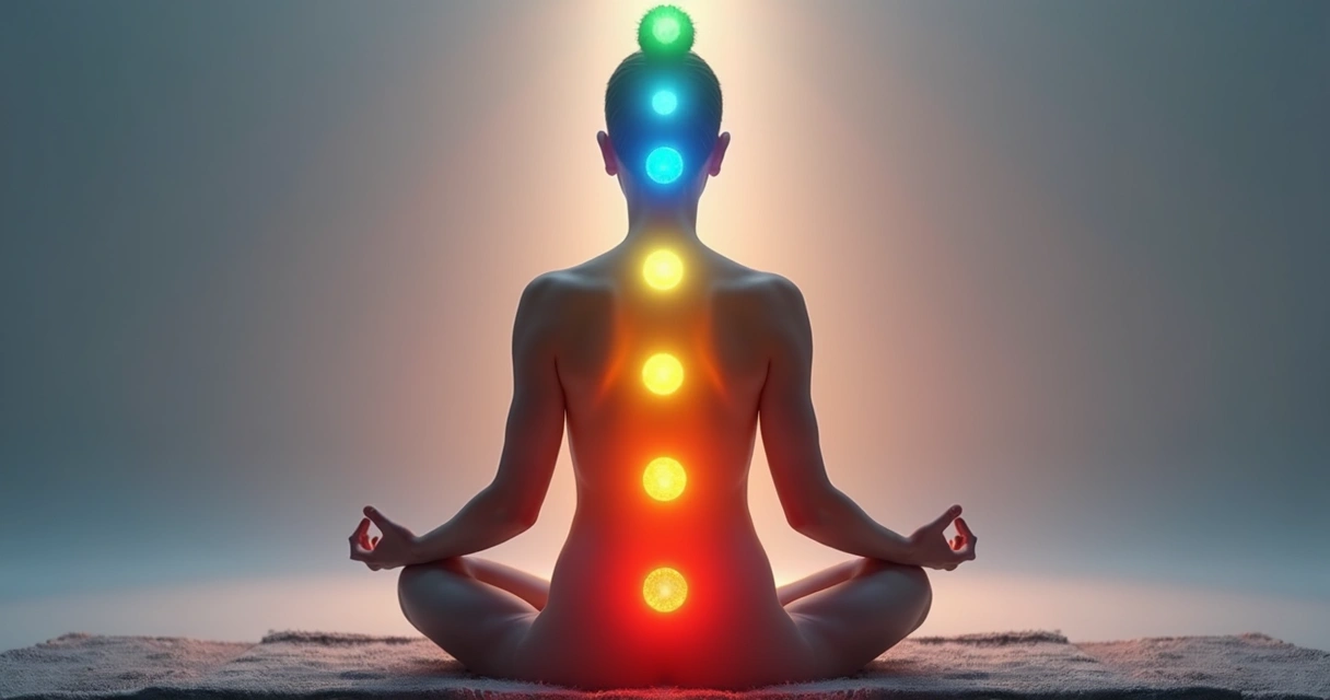 Sete chakras alinhados em corpo humano, com cores vivas e fundo neutro 