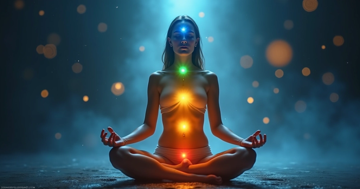 Pessoa sentada em posição de meditação, com os sete chakras coloridos alinhados ao longo do corpo, fundo azul escuro com pontos de luz dourados