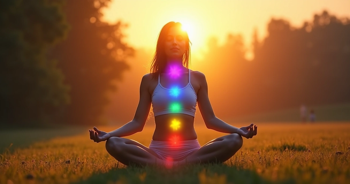 Mulher sentada em posição de lótus com chakras coloridos alinhados 