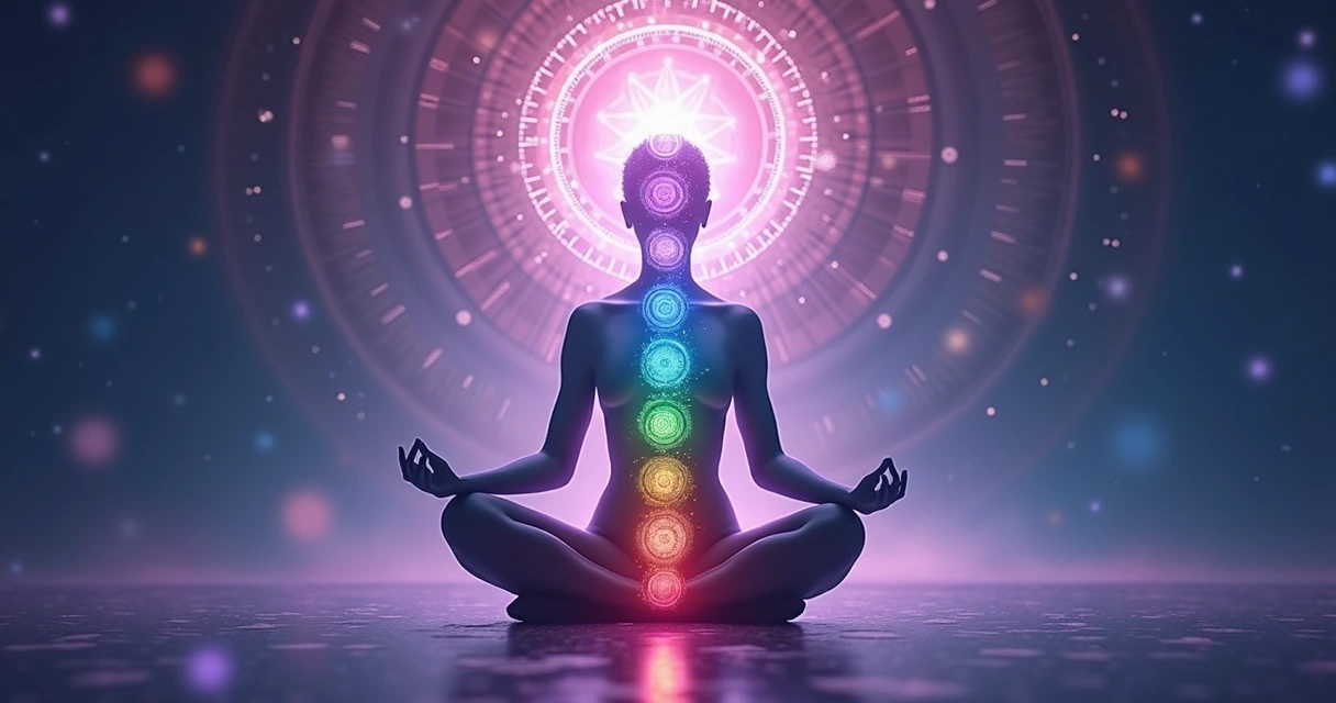 Ilustração de chakras alinhados e equilibrados em corpo sentado 