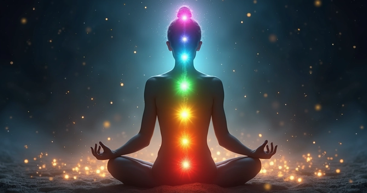 Figura humana meditativa com chakras coloridos alinhados no corpo e luz em cada ponto energético