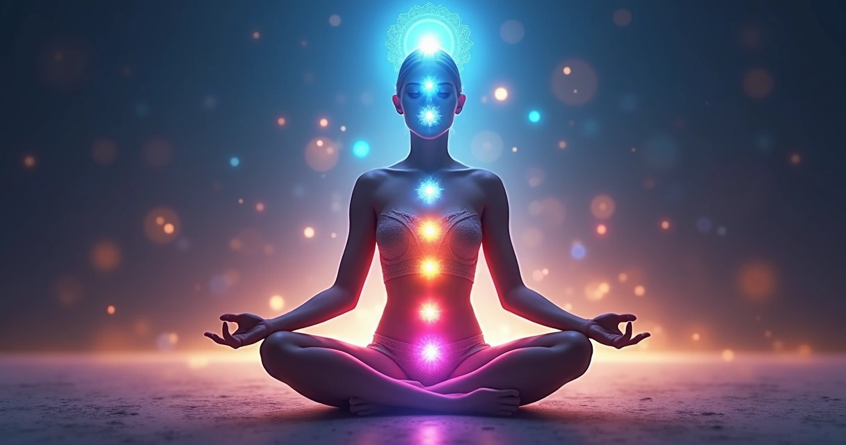 Ilustração de uma pessoa meditando com chakras alinhados e energia fluindo 