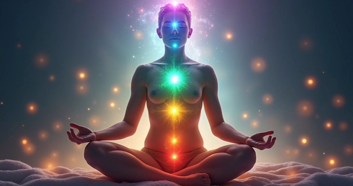 Ilustração dos sete chakras alinhados no corpo humano 