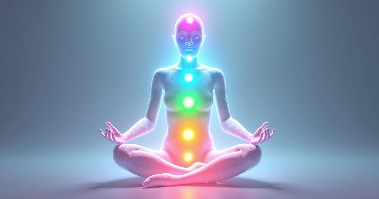 Representação colorida dos chakras alinhados em um corpo humano com aura brilhante 