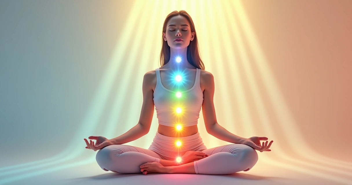 Desenho de uma mulher com chakras iluminados alinhados no corpo 