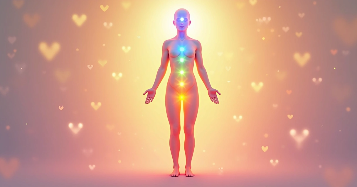 Ilustração pessoa com chakras coloridos em alinhamento 