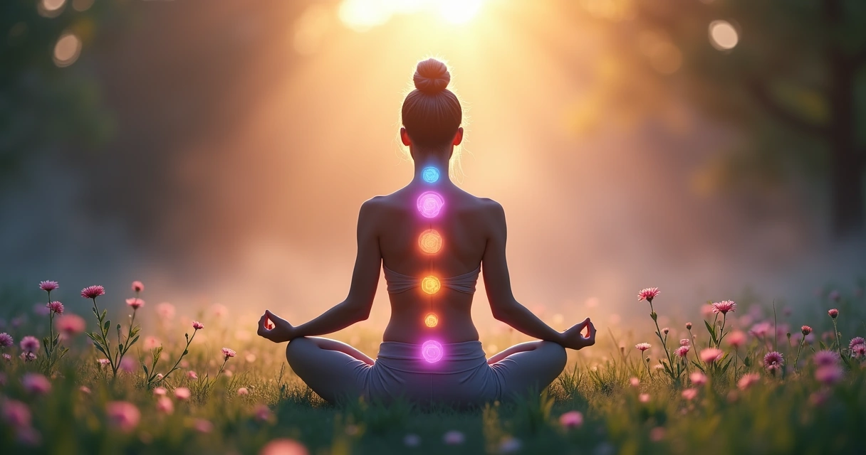 Silhueta meditando com chakras iluminados 