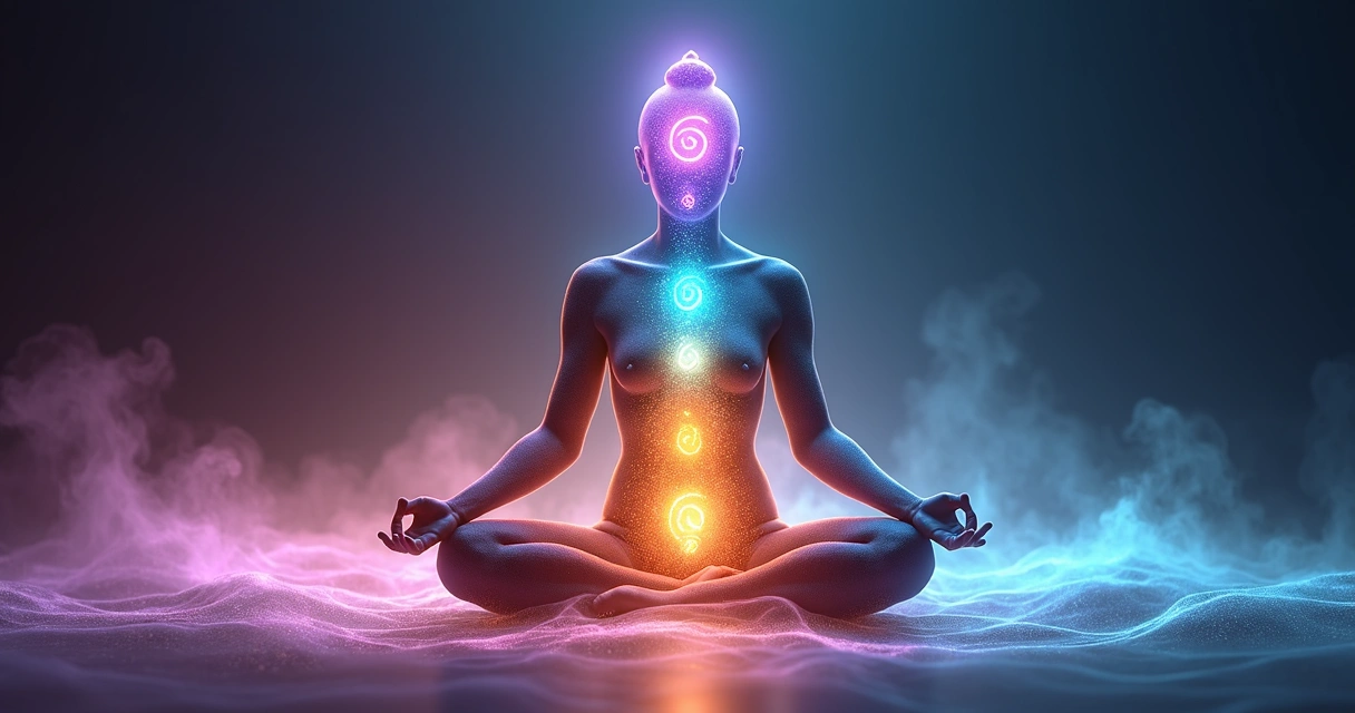 Ilustração estilizada de corpo humano com chakras representados em espiral colorida 