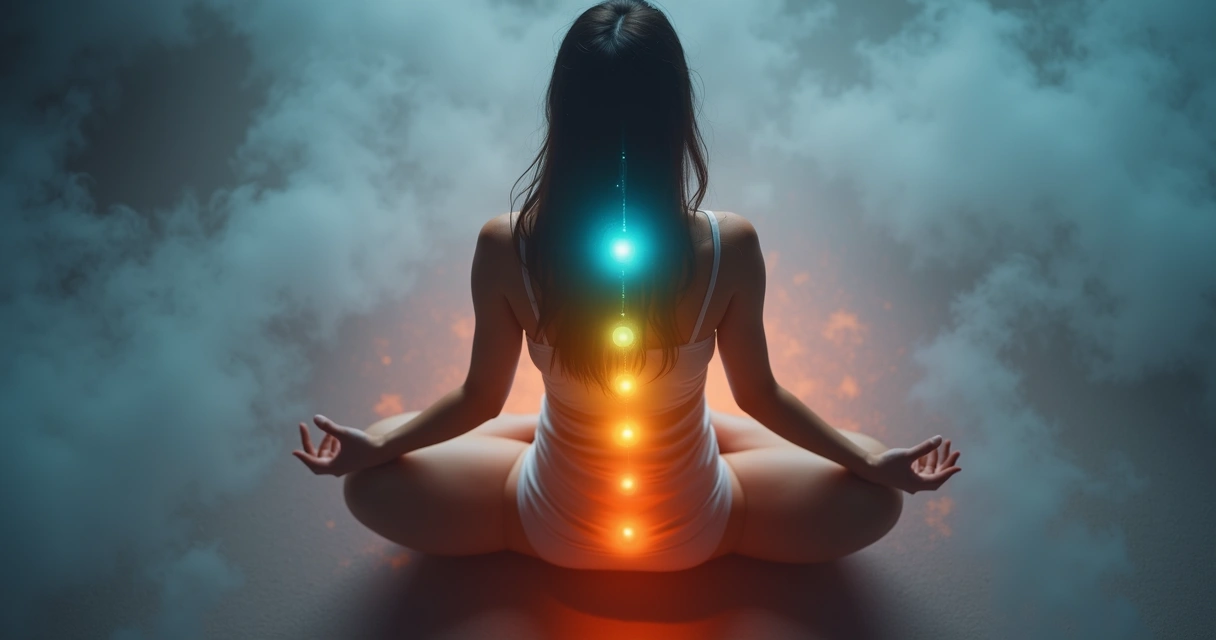 Mulher sentada meditando com chakras alinhados em cores no corpo