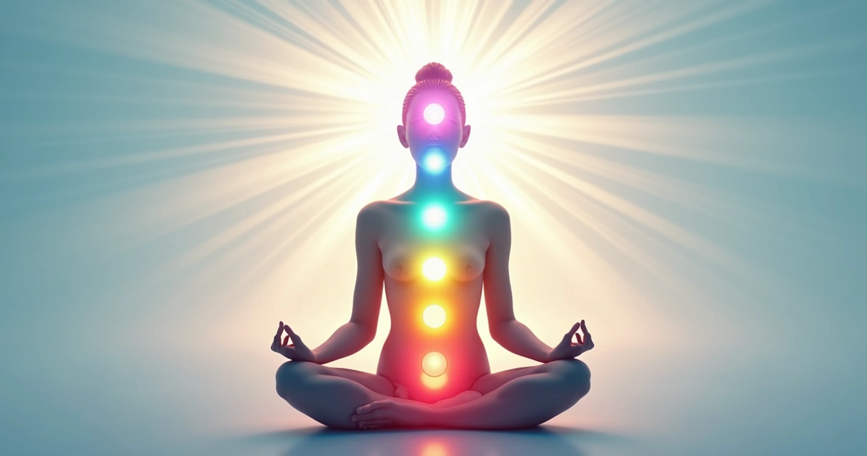 Chakras coloridos alinhados sobre silhueta humana em fundo claro. 