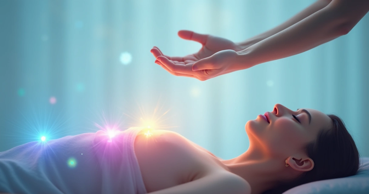 Mãos canalizando energia sobre chakras alinhados no corpo