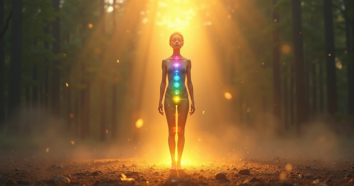 Pessoa de olhos fechados visualizando raízes nos pés e chakras alinhados 