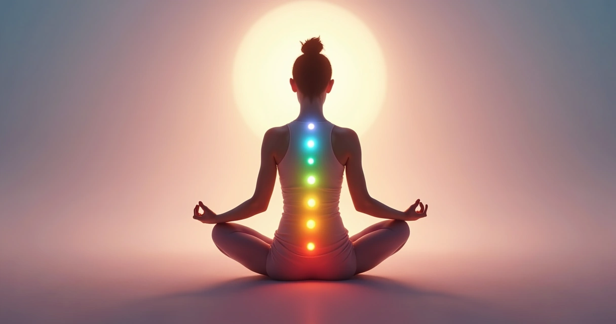 Mulher sentada em postura de meditação, chakras alinhados e destacados com cores vivas 