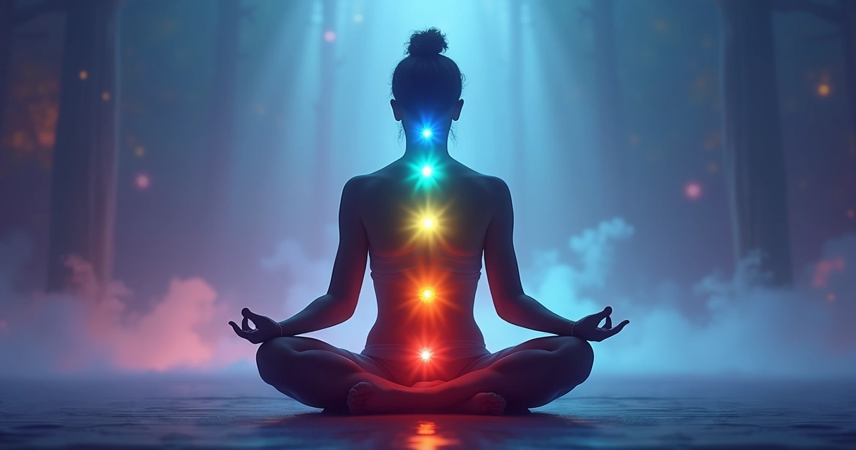 Ilustração de pessoa com chakras alinhados e energia fluindo 