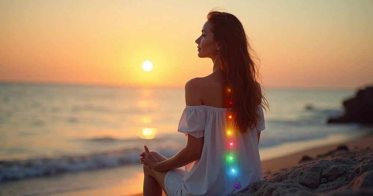 Mulher sentada em posição de lótus com sete pontos de cores nos chakras