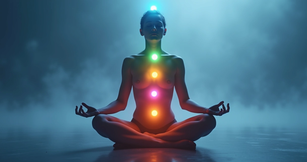 Pessoa sentada com chakras coloridos alinhados, luz suave ao redor e fundo azul tranquilo. 