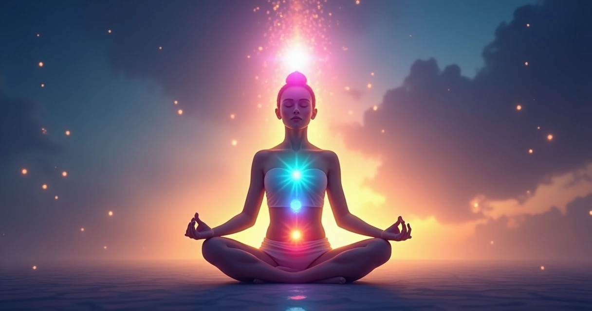 Harmonização dos chakras com luzes coloridas brilhando no corpo humano