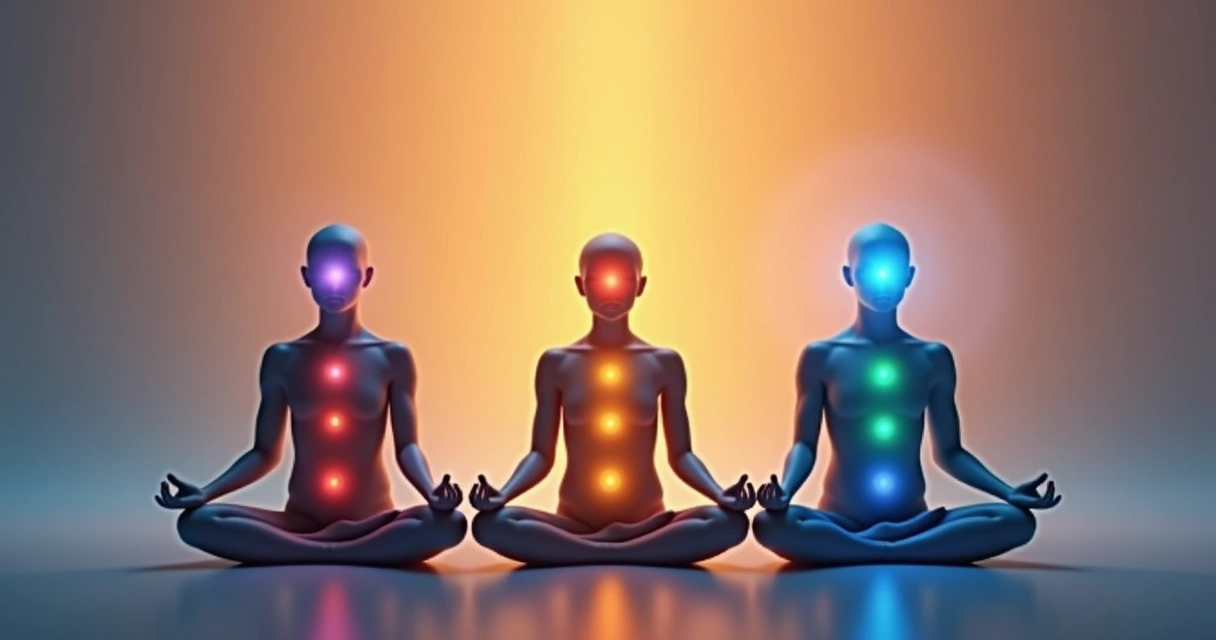 Corpos humanos sentados em posição de lótus com chakras coloridos ao longo da coluna. 