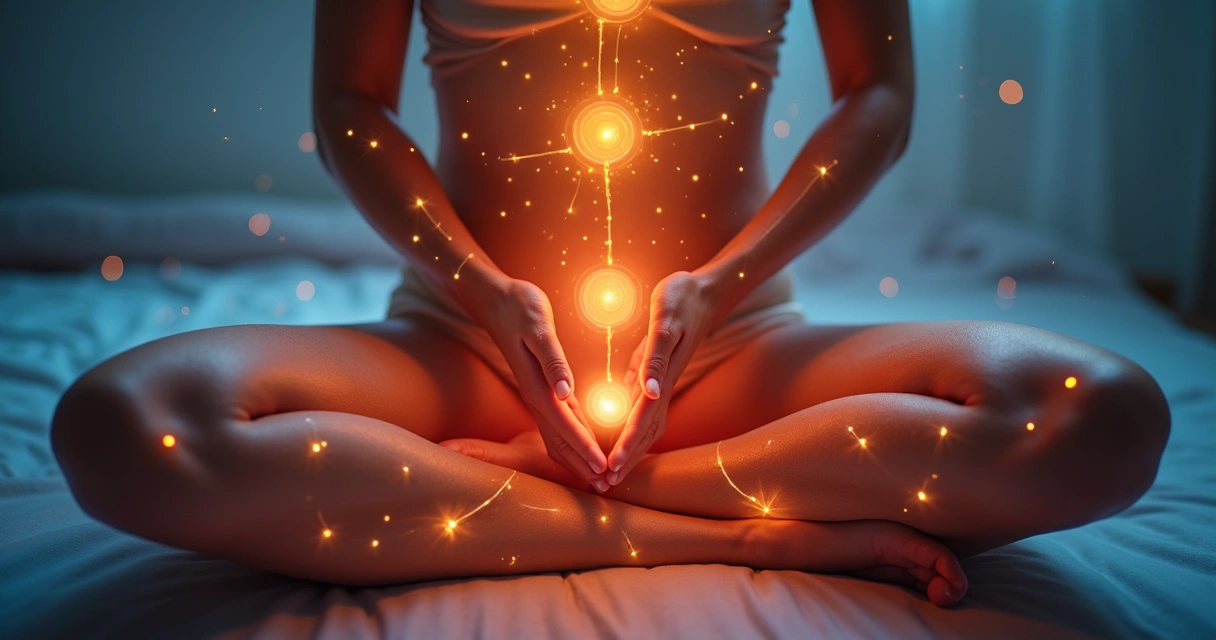 Representação dos chakras alinhados durante sessão de Reiki 