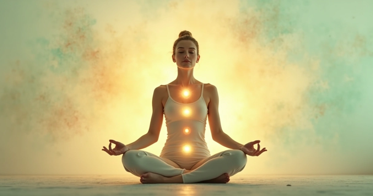 Mulher com chakras iluminados sentada em posição de meditação