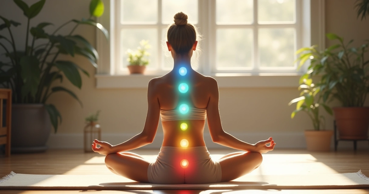 Mulher sentada com chakras iluminados recebendo energia 