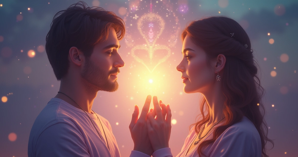 Chakras do casal equilibrado e luz dourada ao redor deles 