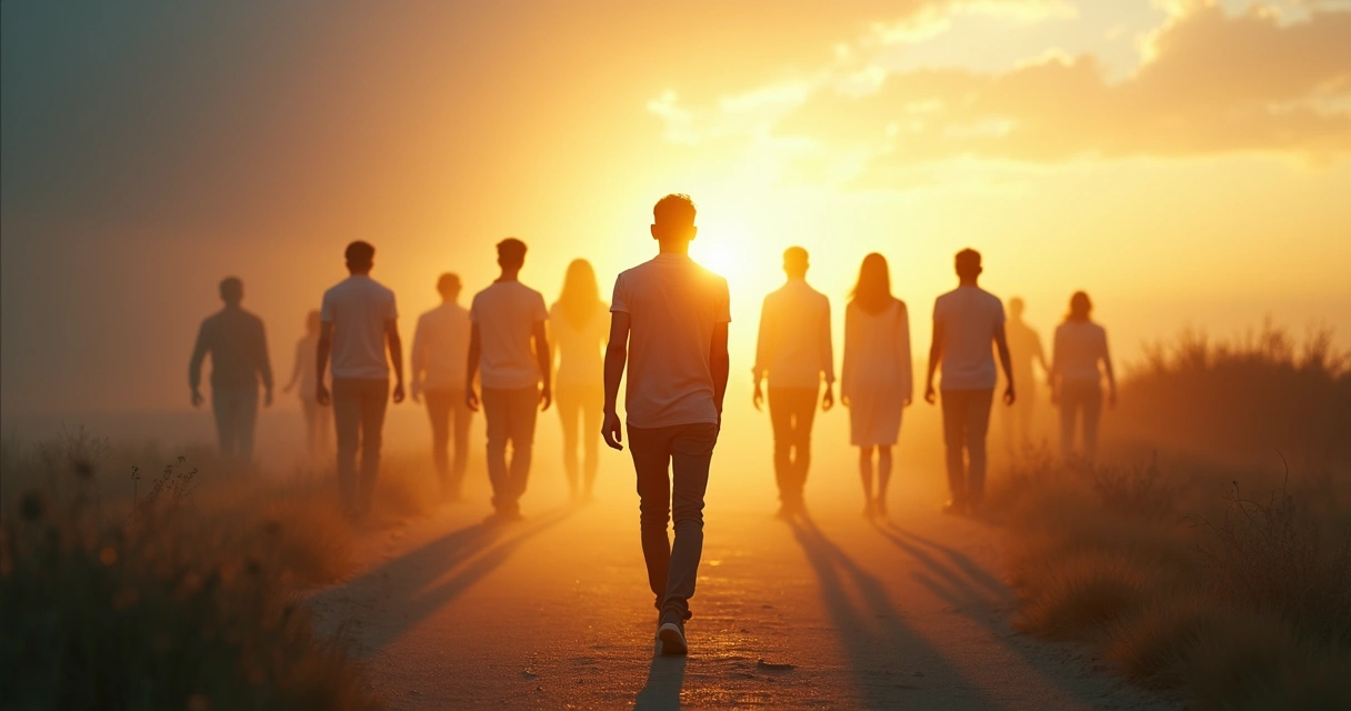 Person walking away from overlapping silhouettes symbolizing inherited identities 