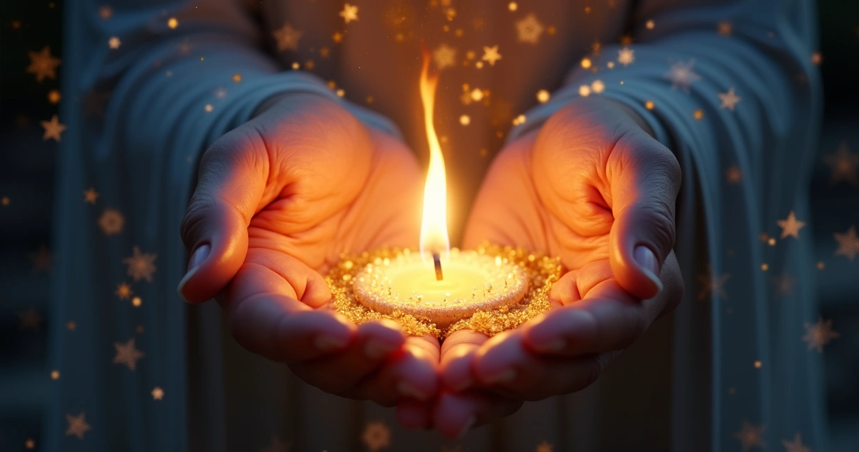 Círculo com chama espiritual emanando luz dourada em fundo escuro, mãos estendidas ao redor 