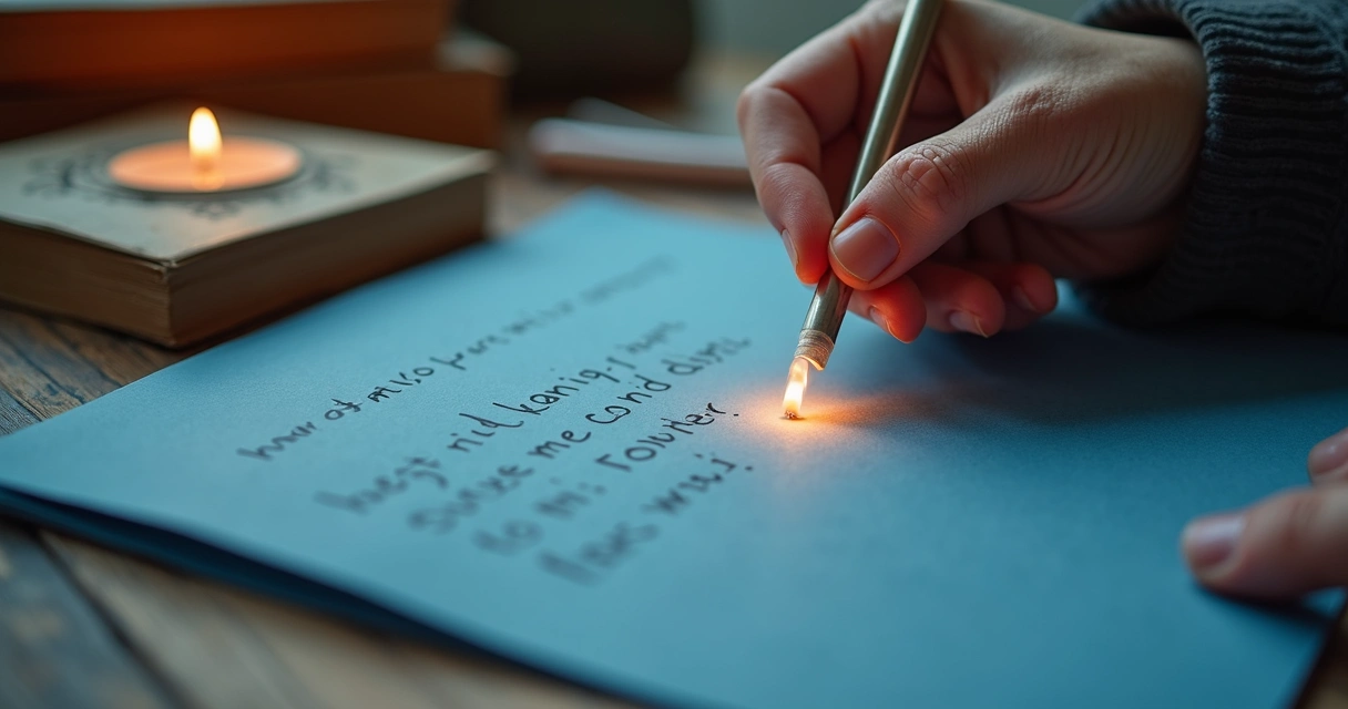 Chama de vela queimando papel azul com anotações 