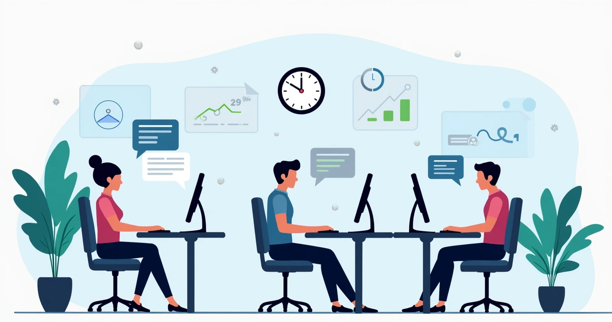 Equipe de atendimento usando computadores em escritório moderno com ícones de tempo e mensagens. 