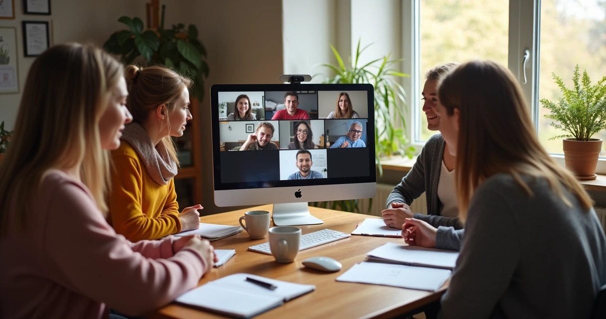 Time em reunião de trabalho fazendo chamada de vídeo
