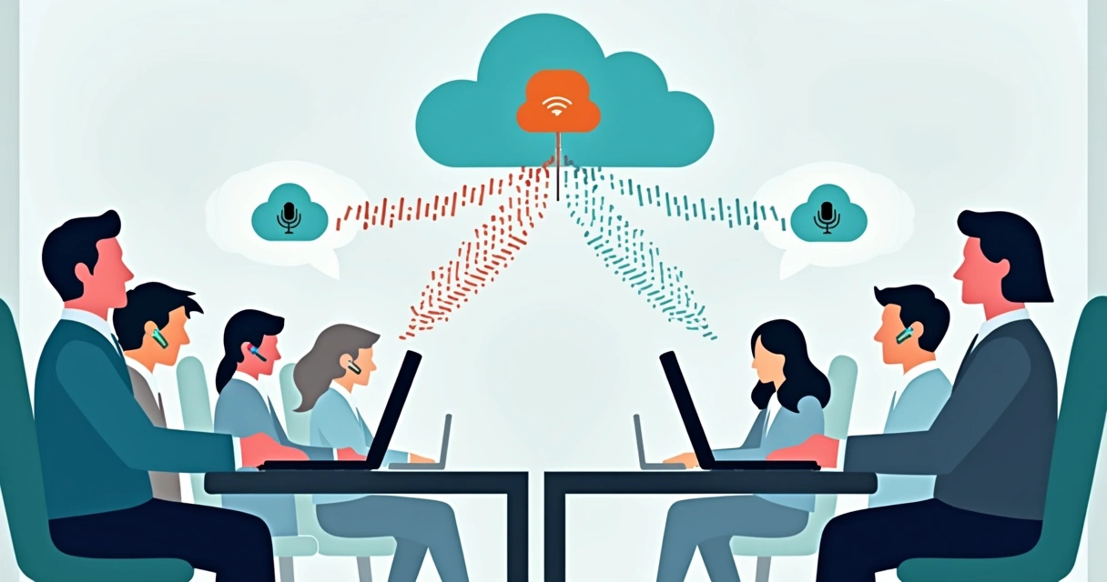 Ilustração de chamada VoIP mostrando ondas de som e conexões em nuvem 