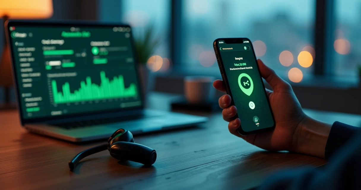 Interface de voz automatizada confirmando serviço pelo WhatsApp em smartphone sobre mesa moderna 