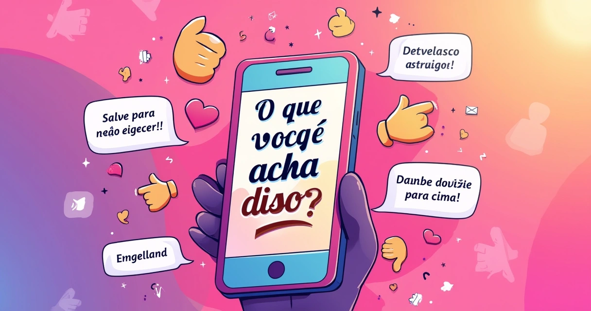 Ilustração de uma tela de smartphone com uma postagem do Instagram e chamadas para ação coloridas.